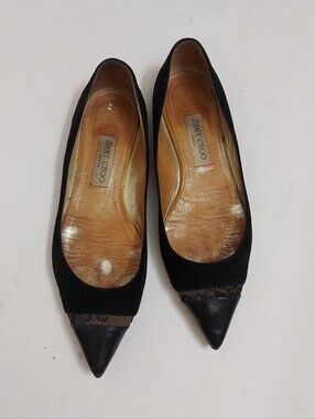 Jimmy Choo Black Pointed Toe Suede Flats with Leather Cap